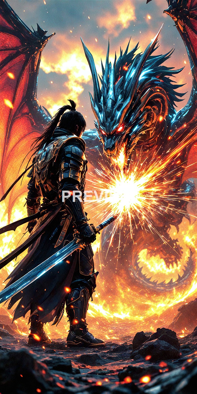 A warrior clad in black armor wields a sword and stands face-to-face with a massive, fiery blue-scaled dragon that is breathing fire, with sparks and flames illuminating the scene against a smoky, fiery sky.